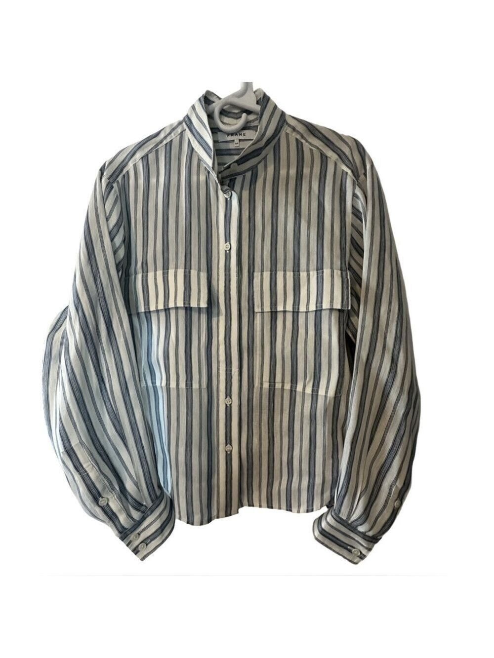 FRAME Stand-Collar Striped Linen-blend Shirt In Blue Size Small - Picture 2 of 11
